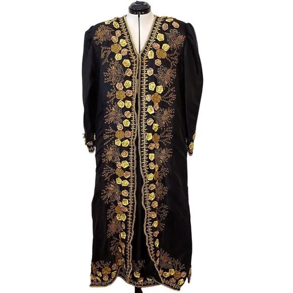 Indian Inspired Black Rayon 2-PC Set Foral Embroidered Jacket & Skirt SZ 20 - Picture 1 of 16